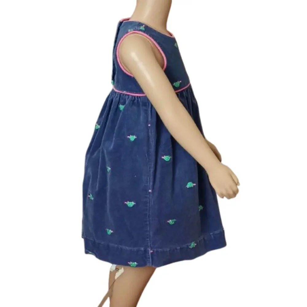 Girl's Vintage Blue Corduroy Dress 3T Pink Embroidered Turtle Girls Jumper